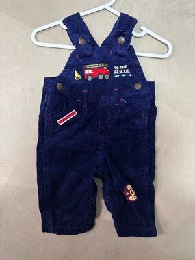 Vintage Y2K | Navy Blue Corduroy Fire Truck Overalls | Size 3-6 Months